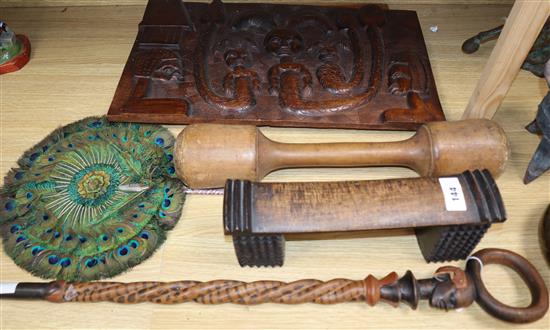 An African hardwood pillow, a walking stick and other ethnographic carvings etc